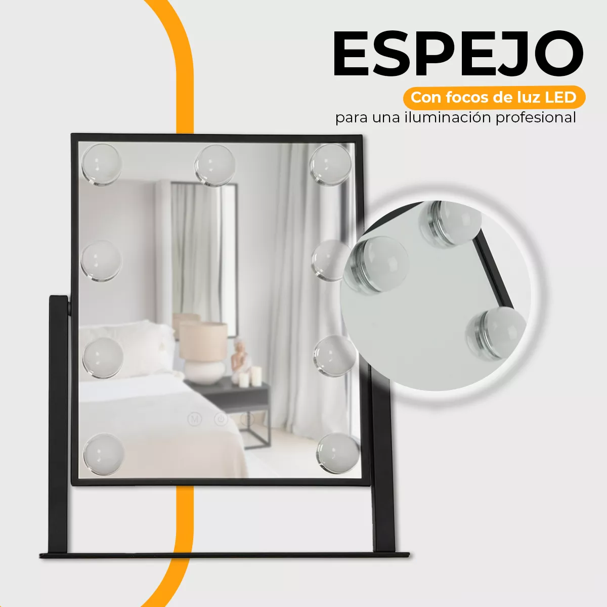 Espejo Maquillaje Luz Led Hollywood Carga Usb Marco Aluminio Marco Negro
