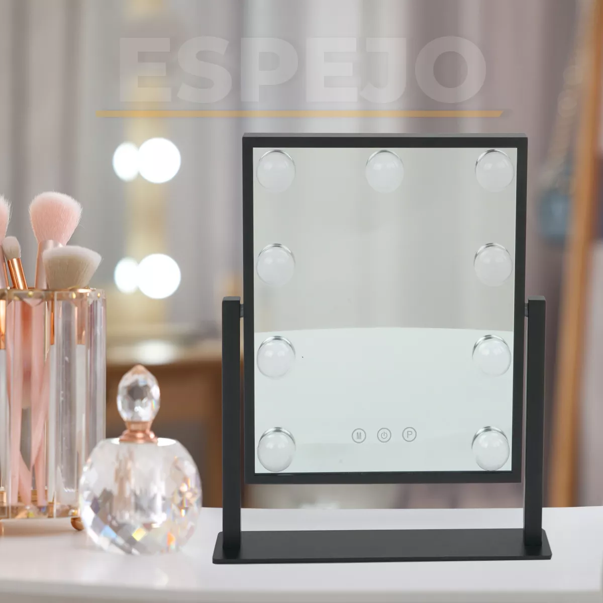 Espejo Maquillaje Luz Led Hollywood Carga Usb Marco Aluminio Marco Negro