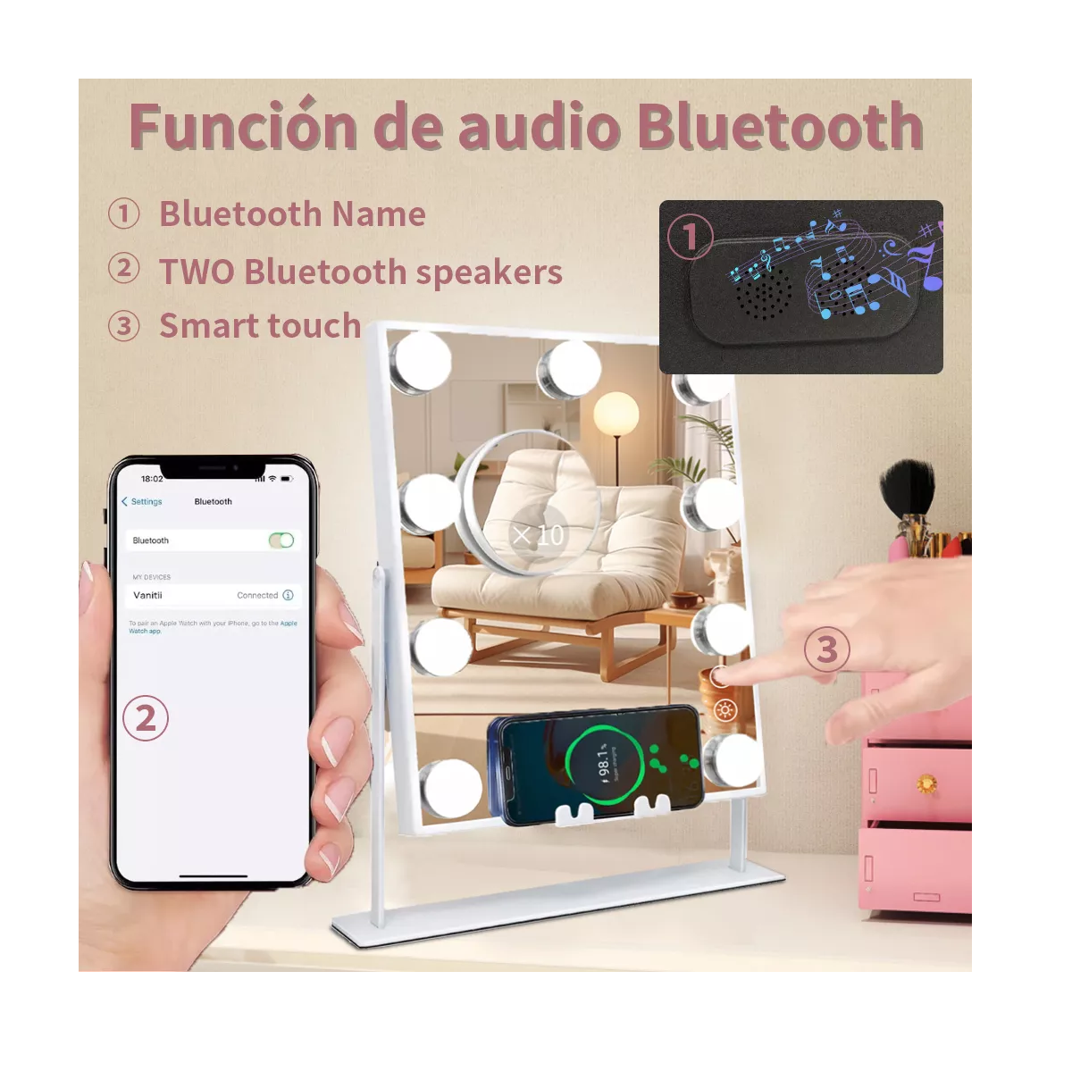 Espejo De Maquillaje Led Hollywood Bluetooth 9 Led Foco