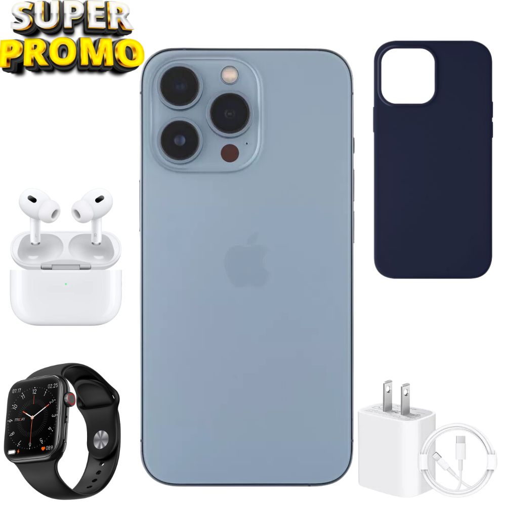 Combo iPhone 13 Pro 128gb Azul Sierra Reacondicionado + Audifonos para iPhone + Smartwatch + Turbocargador + Funda de Silicon