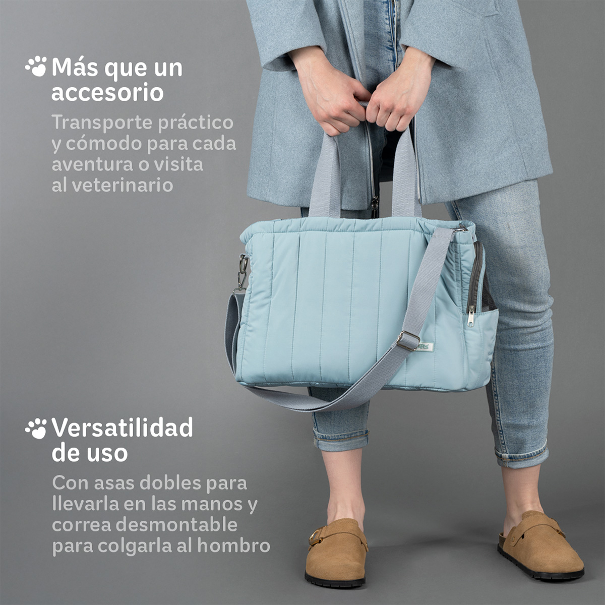 Bolsa transportadora para Perro o Mascota Pequeña, Mochila de Viaje 42x18x29cms- Azul Grisáceo ESQUIMAL