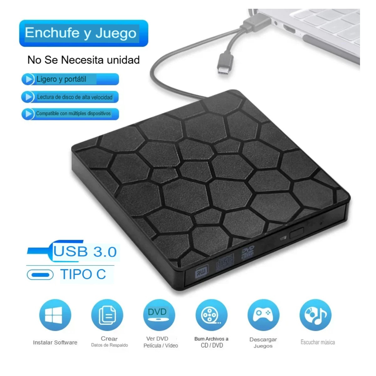 Lector Unidad externa DVD RW reproductor CD 2 en 1 USB 3,0 tipo C grabador óptica portátil PC lap