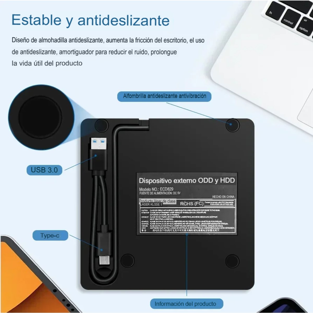 Lector Unidad externa DVD RW reproductor CD 2 en 1 USB 3,0 tipo C grabador óptica portátil PC lap