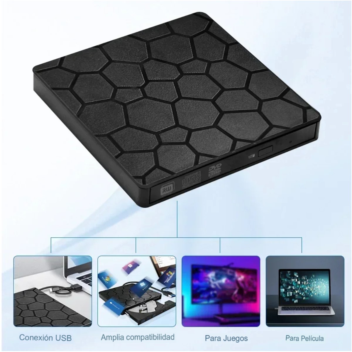 Lector Unidad externa DVD RW reproductor CD 2 en 1 USB 3,0 tipo C grabador óptica portátil PC lap