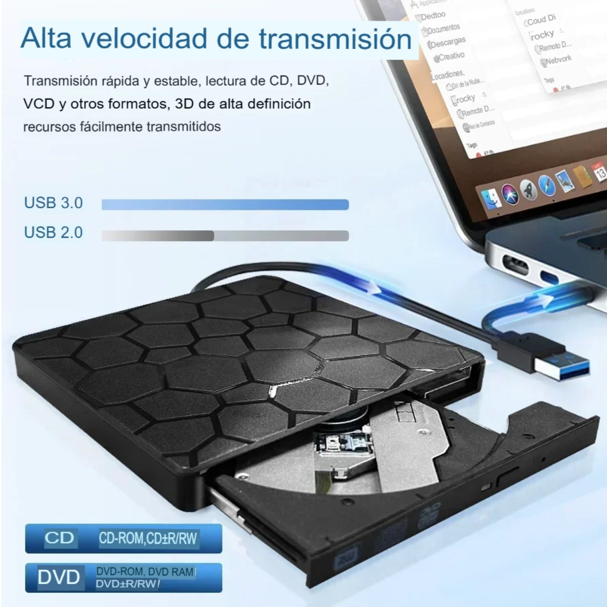 Lector Unidad externa DVD RW reproductor CD 2 en 1 USB 3,0 tipo C grabador óptica portátil PC lap