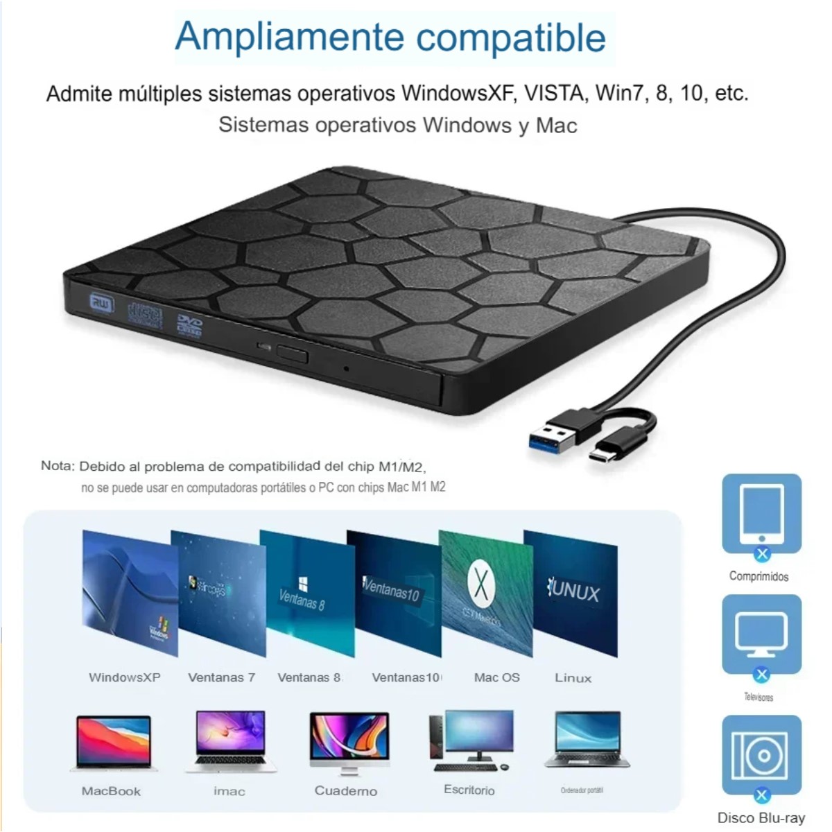 Lector Unidad externa DVD RW reproductor CD 2 en 1 USB 3,0 tipo C grabador óptica portátil PC lap