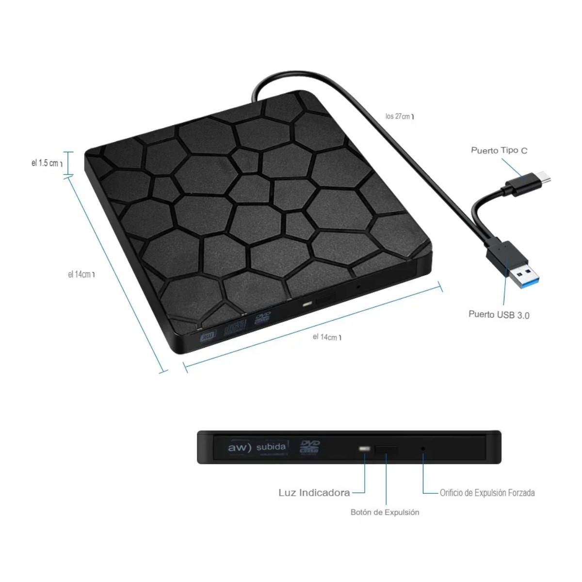 Lector Unidad externa DVD RW reproductor CD 2 en 1 USB 3,0 tipo C grabador óptica portátil PC lap