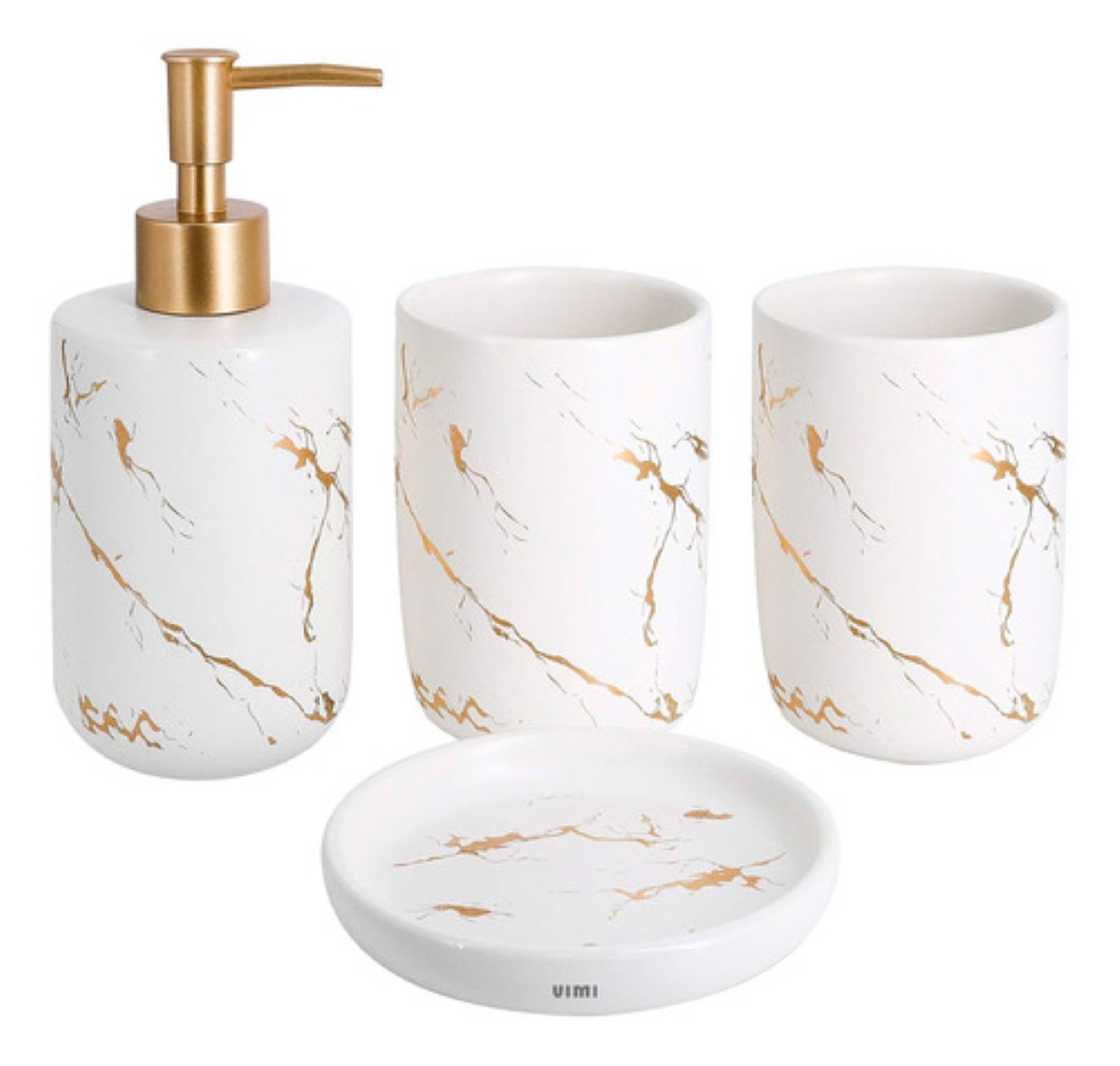 Juego De Accesorios Para Baño Con Diseño Mármol Elegante blanco dorado