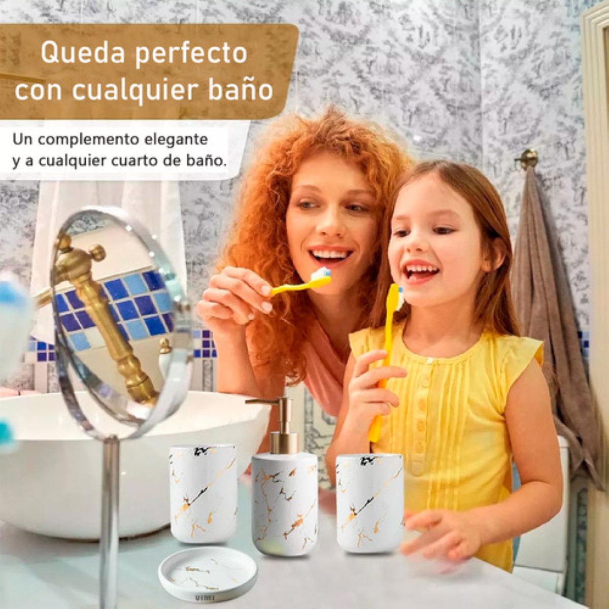 Juego De Accesorios Para Baño Con Diseño Mármol Elegante blanco dorado