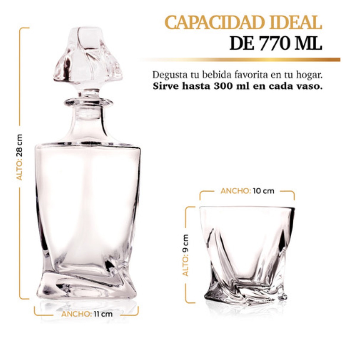4 Vasos de Vidrio para Whisky con Decantador de Cristal 770 mL Cristal