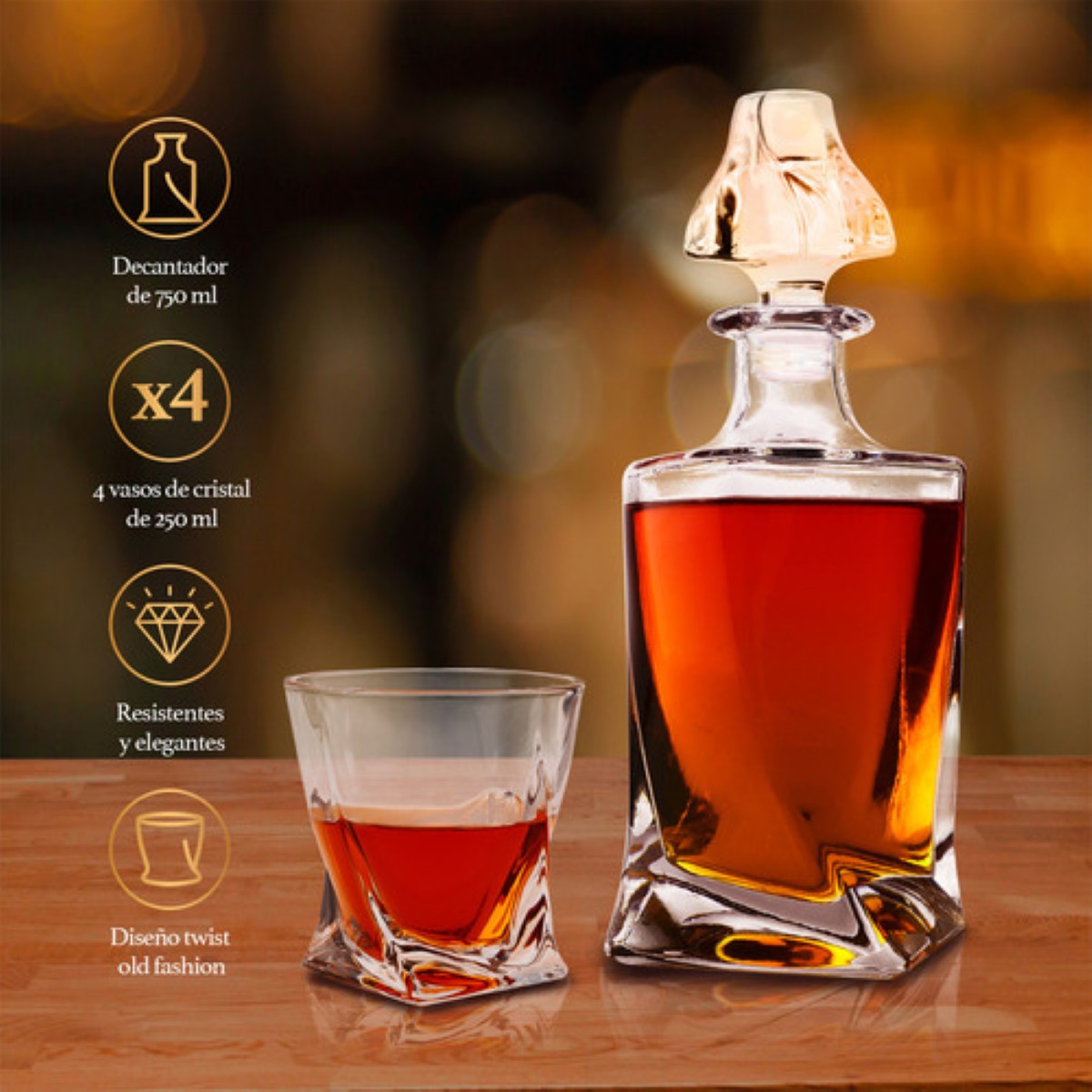 4 Vasos de Vidrio para Whisky con Decantador de Cristal 770 mL Cristal
