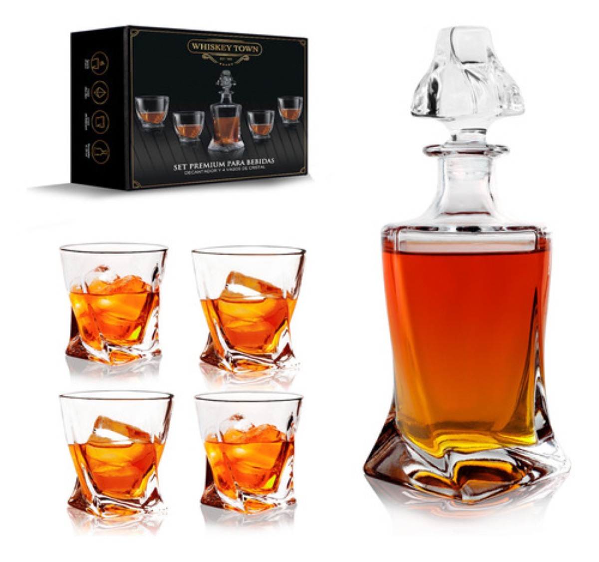 4 Vasos de Vidrio para Whisky con Decantador de Cristal 770 mL Cristal