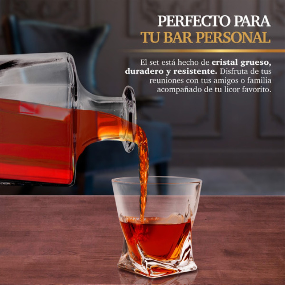 4 Vasos de Vidrio para Whisky con Decantador de Cristal 770 mL Cristal