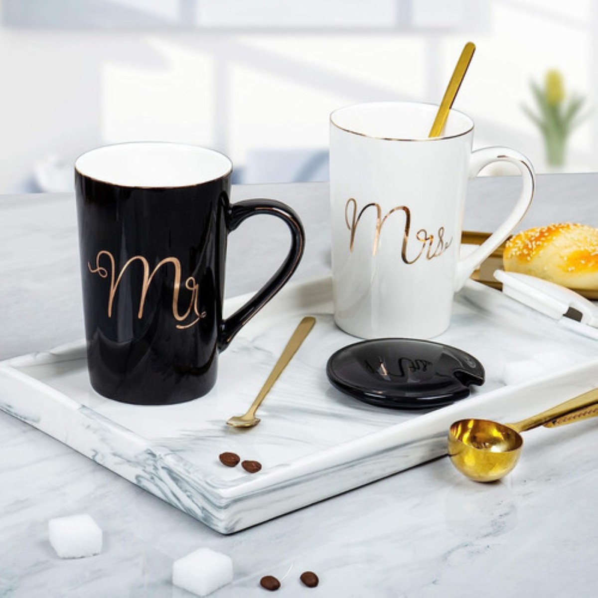 Juego De Tazas Para Parejas Regalo De Boda De Moda blanco negro