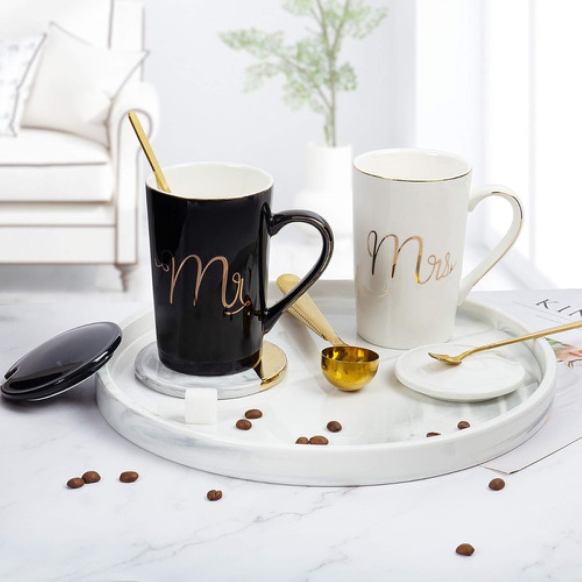Juego De Tazas Para Parejas Regalo De Boda De Moda blanco negro