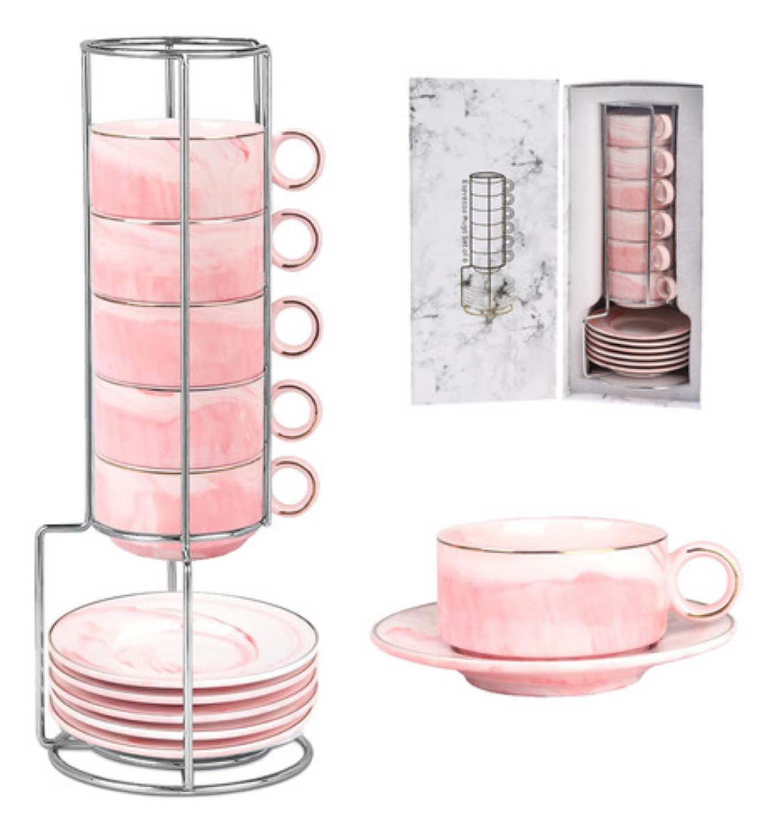 Juego De Tazas De Expreso Con Base De Metal, 6 Piezas rosa marmol