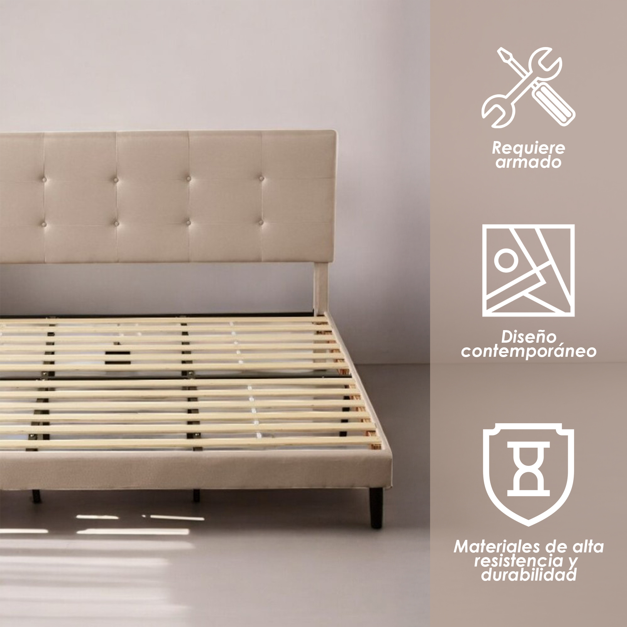 Ilios Innova | Base Cabecera para Cama King Size En Madera y cabecera de Lino Color Café | Elegante cama matrimonial |