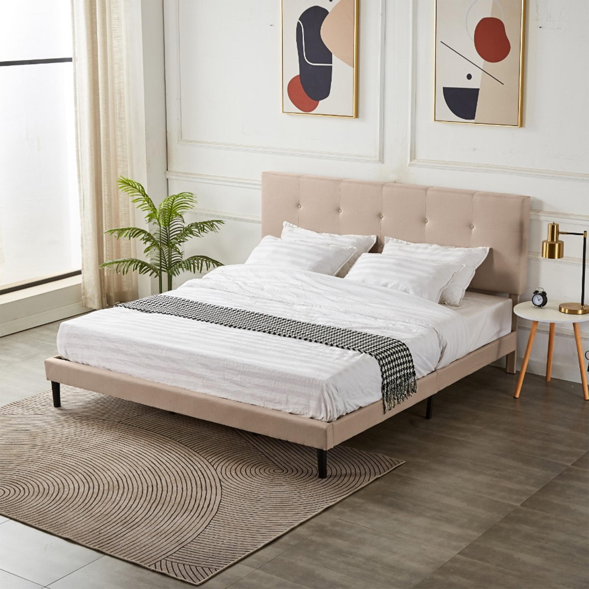 Ilios Innova | Base Cabecera para Cama King Size En Madera y cabecera de Lino Color Café | Elegante cama matrimonial |