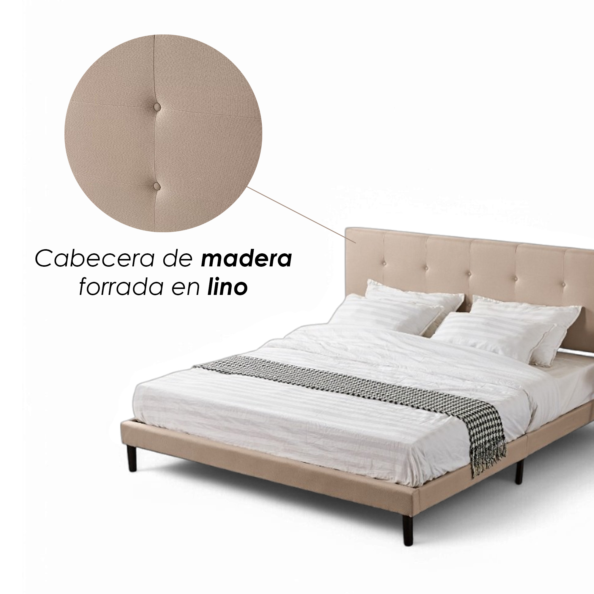 Ilios Innova | Base Cabecera para Cama King Size En Madera y cabecera de Lino Color Café | Elegante cama matrimonial |