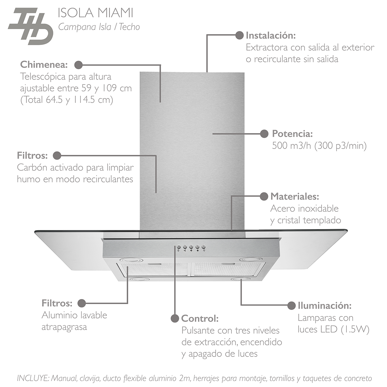 Campana Cocina Isla IHD Isola Miami 90 de 90 Cm Acero Inox Y Cristal Plano