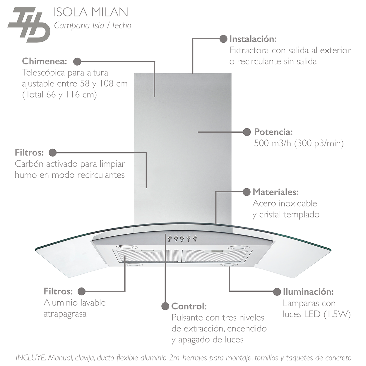 Campana Cocina Isla IHD Isola Milan 90 de 90 Cm Acero Inox Y Cristal Curvo