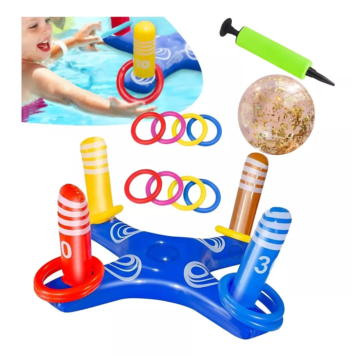Juego Inflable Lanzamiento Aros Dinámico Alberca Piscina Set