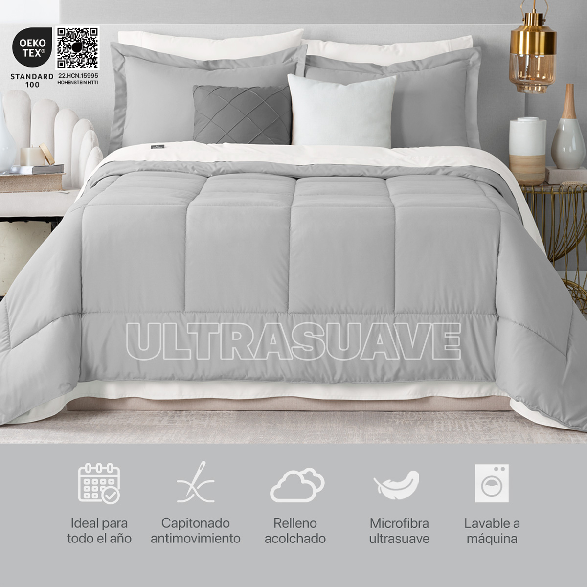 Set Edredón Individual con Fundas y Sábanas 5 Pzas Gris / Blanco Real Textil.