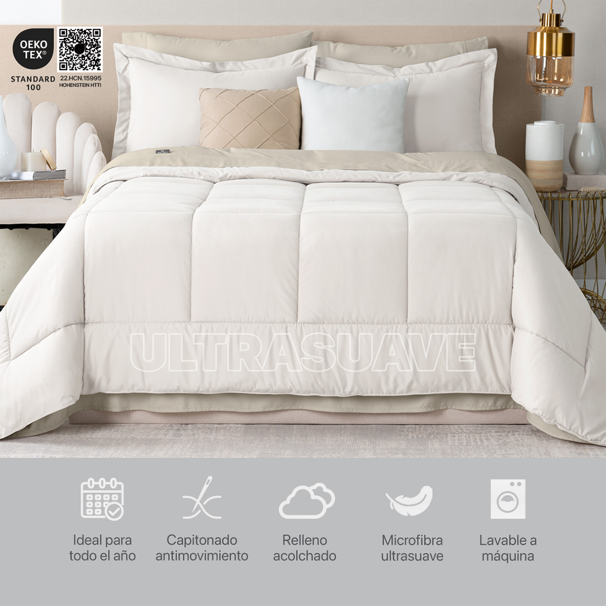 Set Edredón Individual con Fundas y Sábanas 5 Pzas Blanco / Beige Real Textil.
