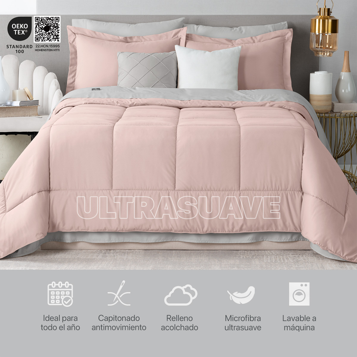 Set Edredón Matrimonial con Fundas y Sábanas 7 Pzas  Rosa/Gris Real Textil
