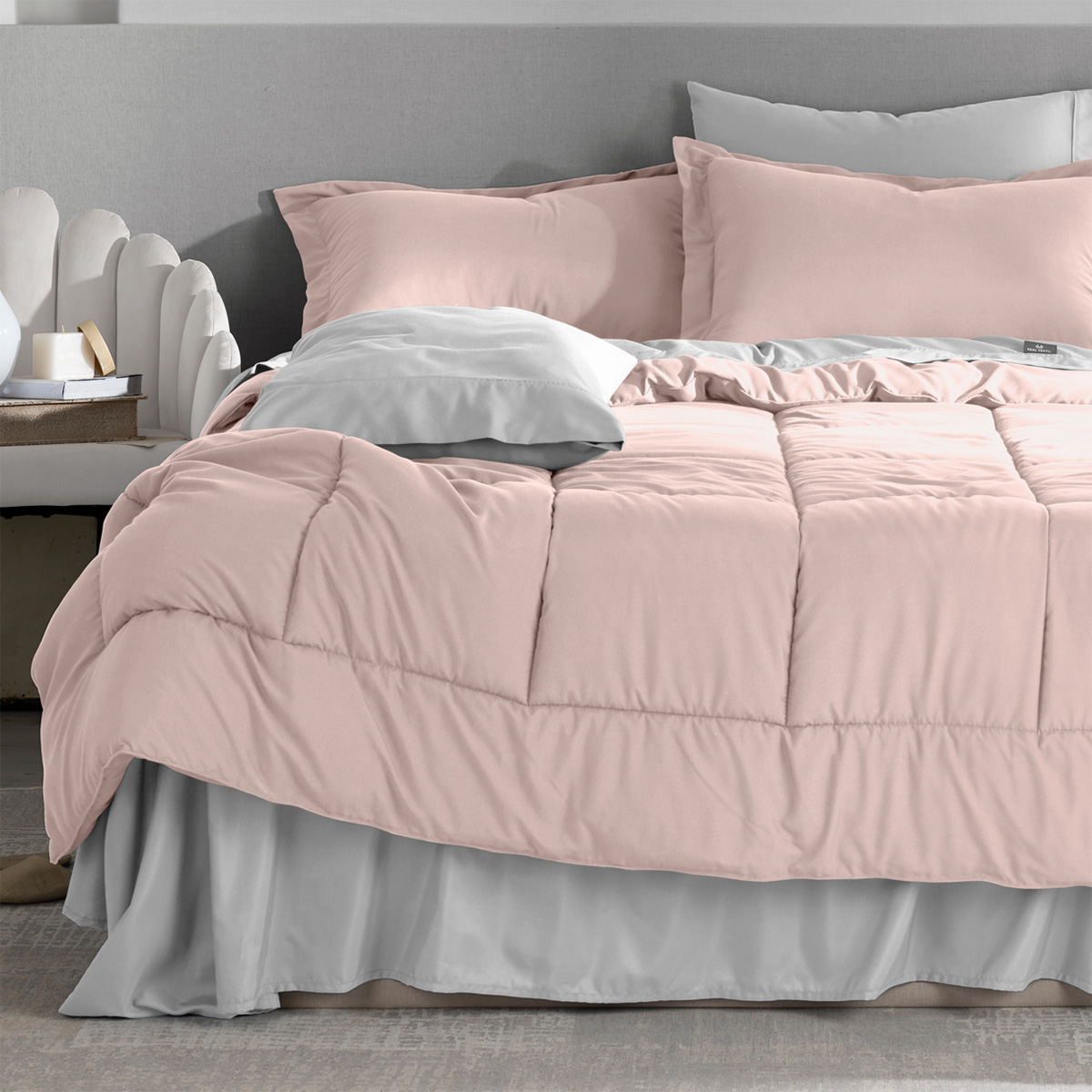 Set Edredón Matrimonial con Fundas y Sábanas 7 Pzas  Rosa/Gris Real Textil