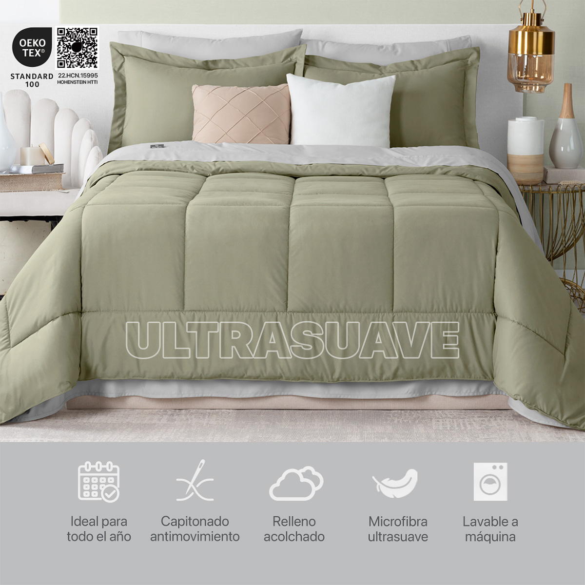 Set Edredón Matrimonial con Fundas y Sábanas 7 Pzas Verde / Gris Real Textil.