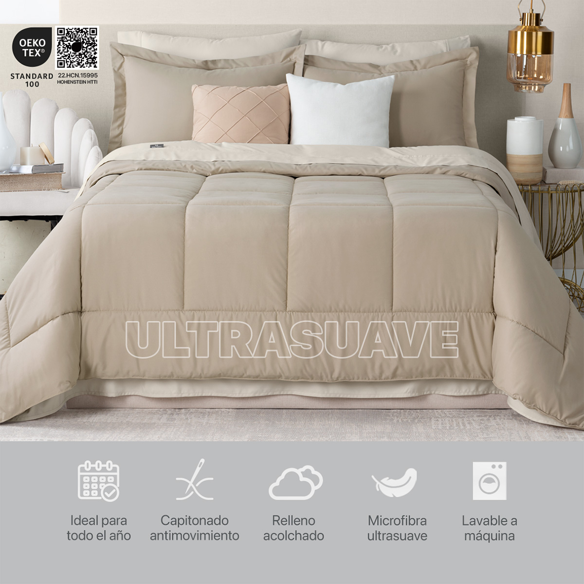 Set Edredón King Size con Fundas y Sábanas 7 Pzas Khaki / Beige Real Textil.