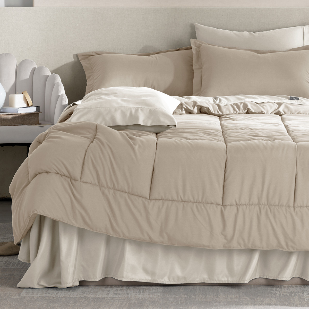 Set Edredón King Size con Fundas y Sábanas 7 Pzas Khaki / Beige Real Textil.