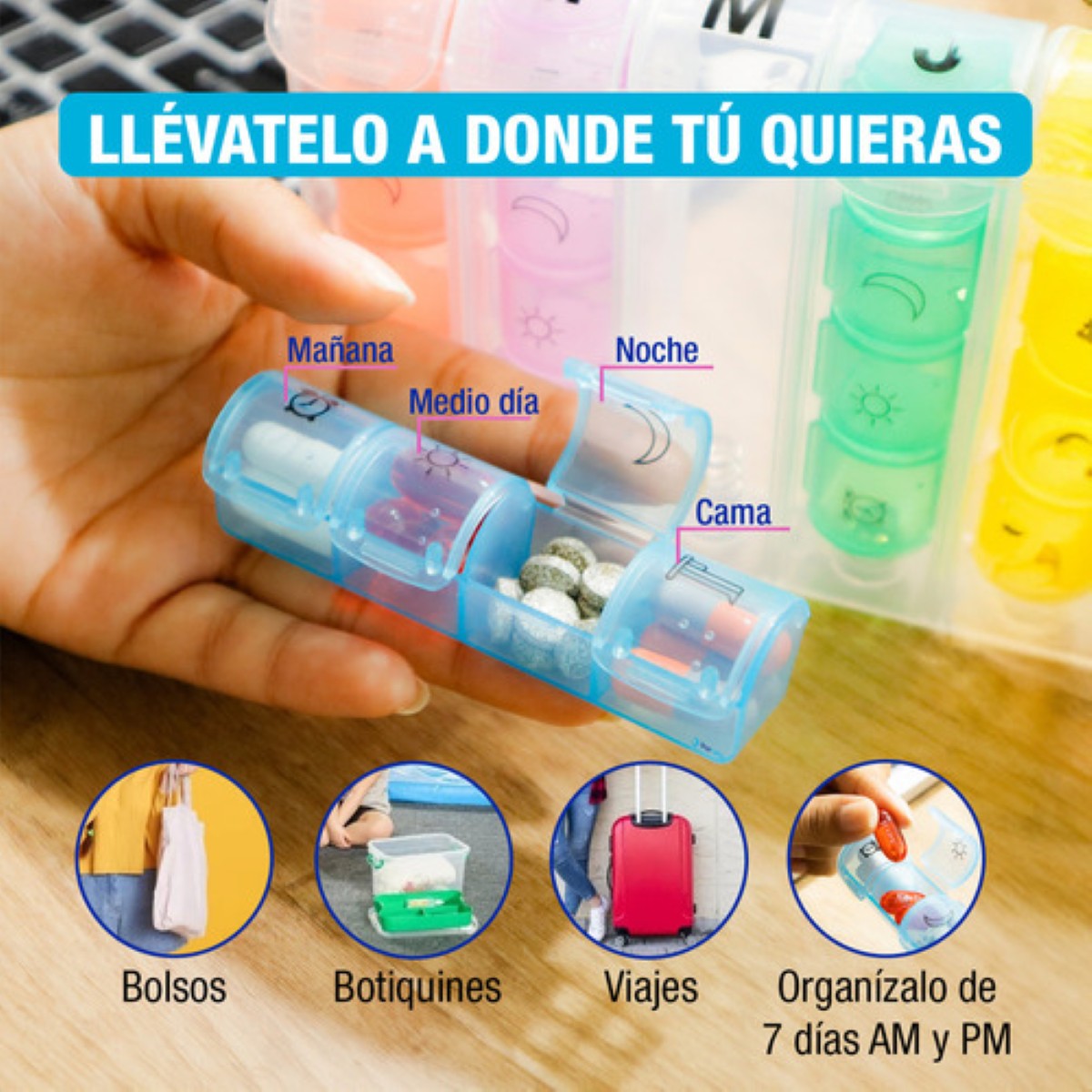 Portabs Pastillero Semanal Portátil 4 Tomas Diarias Organizador Brillante