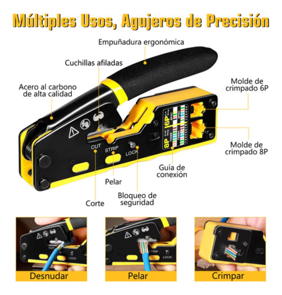 Kit De Pinzas Ponchadora De Cable Crimpadora Rj45 Cat5/6 negro amarillo