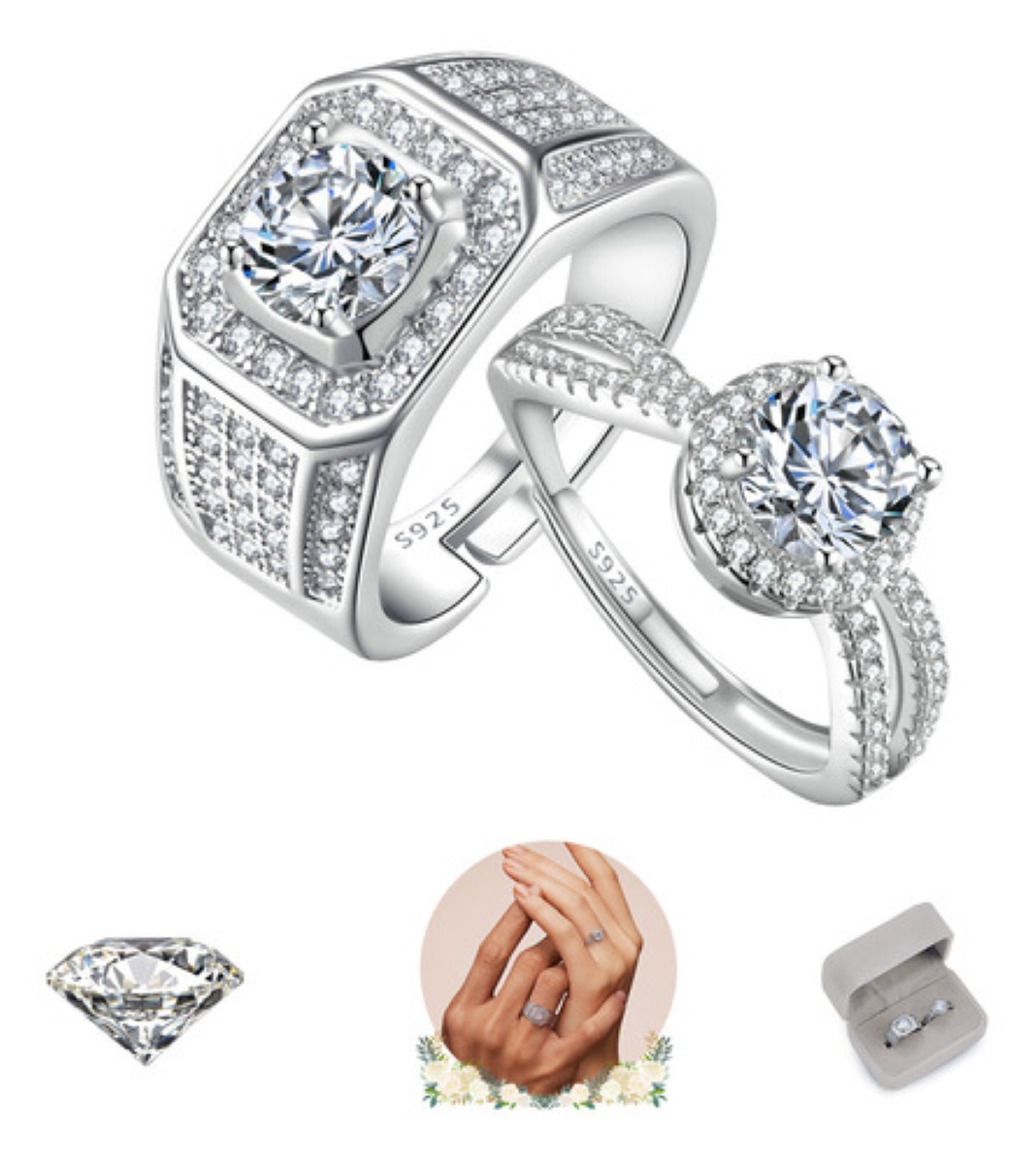 2 Anillos De Pareja Plata 925 Compromiso Promesa Ajustable plata