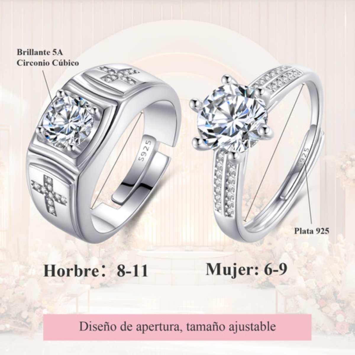 2 Anillos De Pareja Compromiso Promesa Ajustable Plata 925 plata