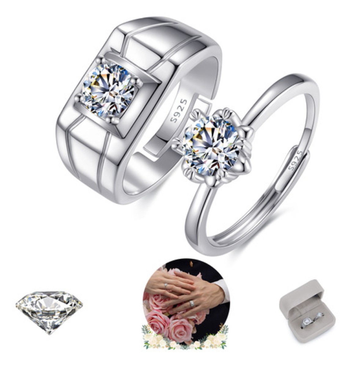 2 Anillos De Pareja Plata 925 Compromiso Promesa Ajustable plata