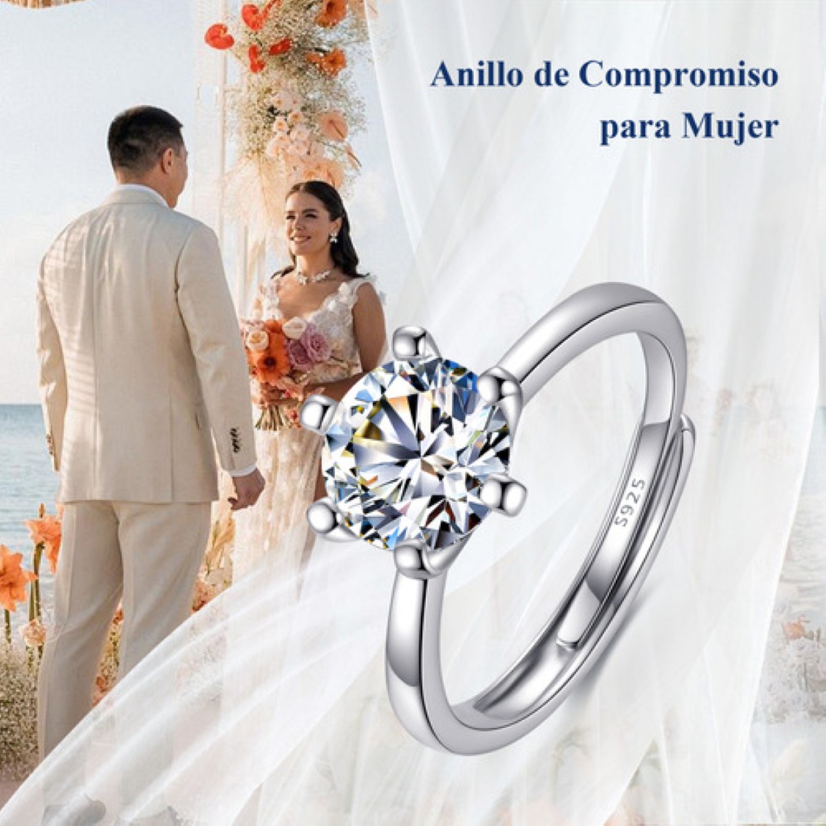 Anillo De Compromiso Para Mujer Ajustables Promesa Plata 925 plata