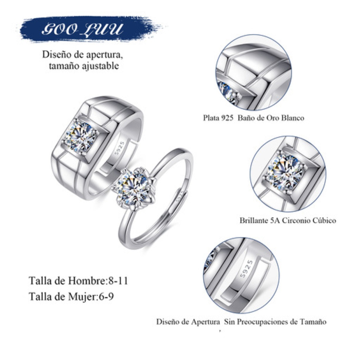 2 Anillos De Pareja Plata 925 Compromiso Promesa Ajustable plata