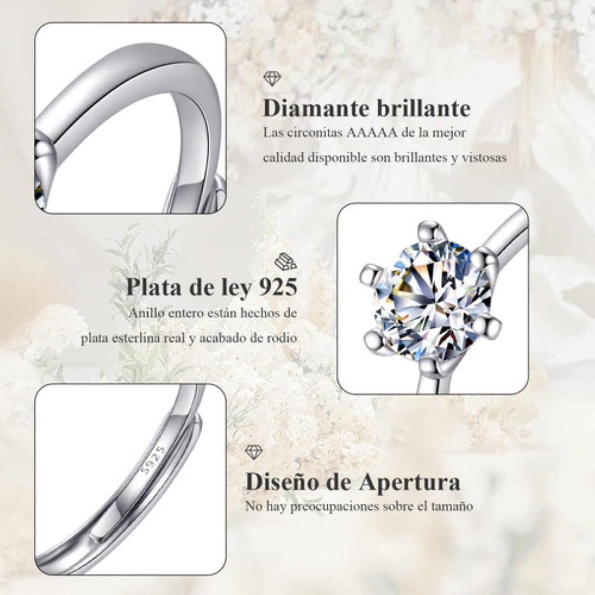 Anillo De Compromiso Para Mujer Ajustables Promesa Plata 925 plata