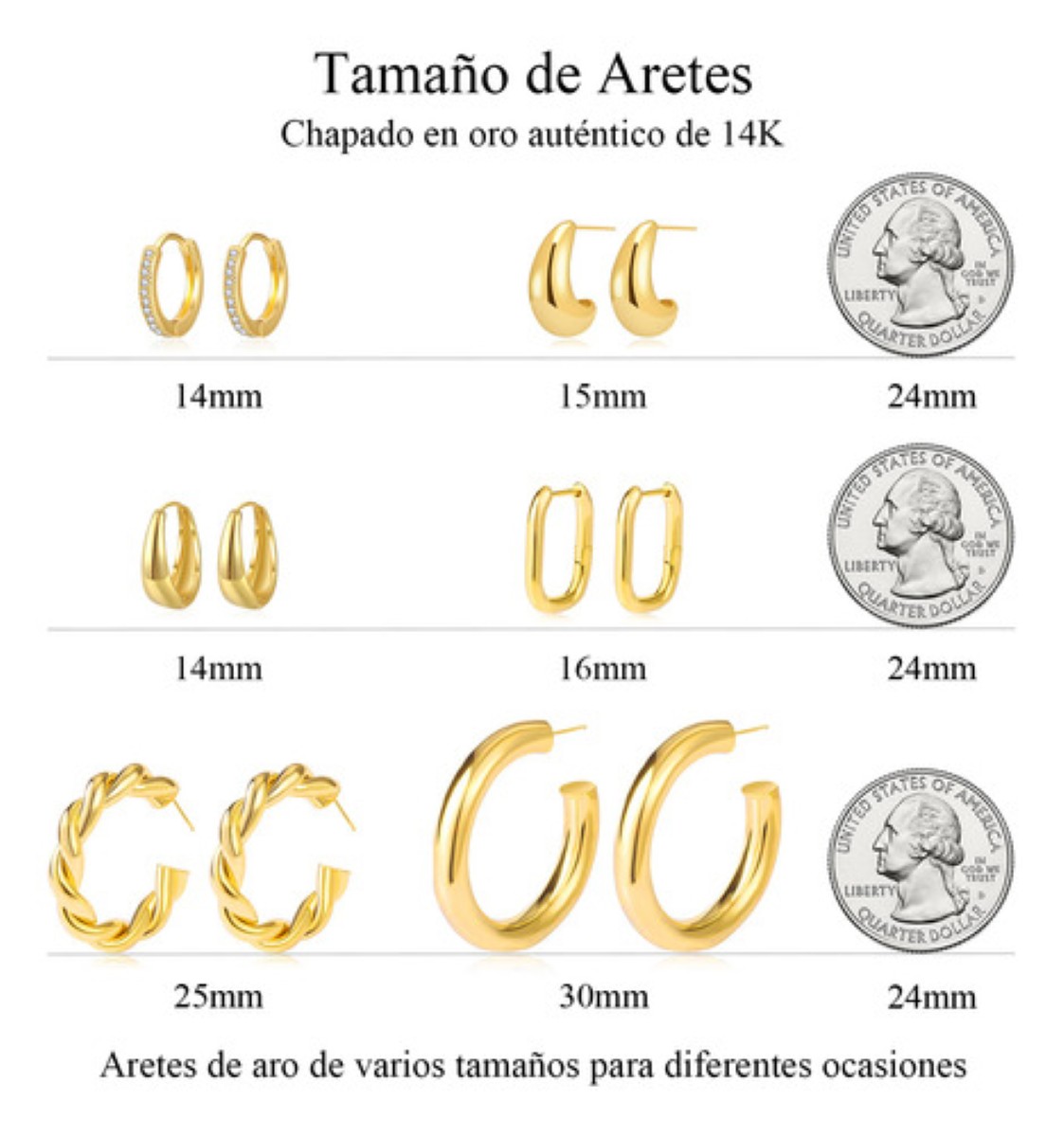 6 Pares Aretes De Oro 14k Mujer Arracadas Huggies Moda dorado