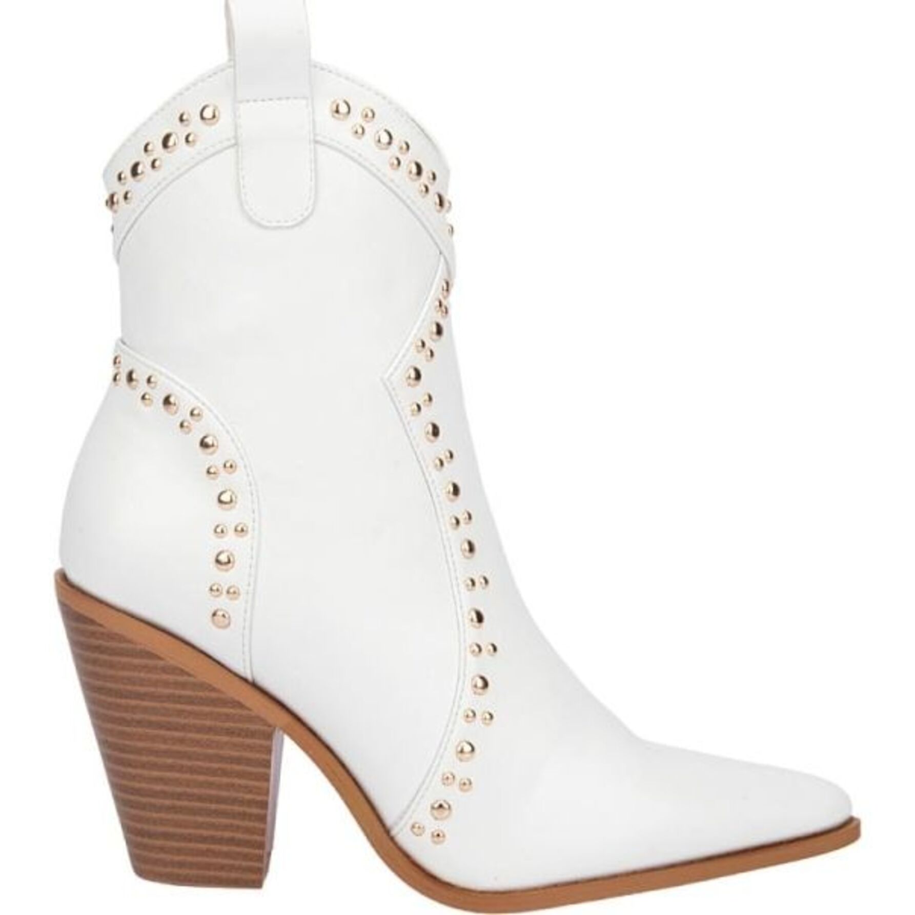 Botas para mujer, de tipo texano, con tacón alto y estoperoles dorados, cortas, con acabado napa, marca Thalia Sodi, color blanco, mod. 1173110