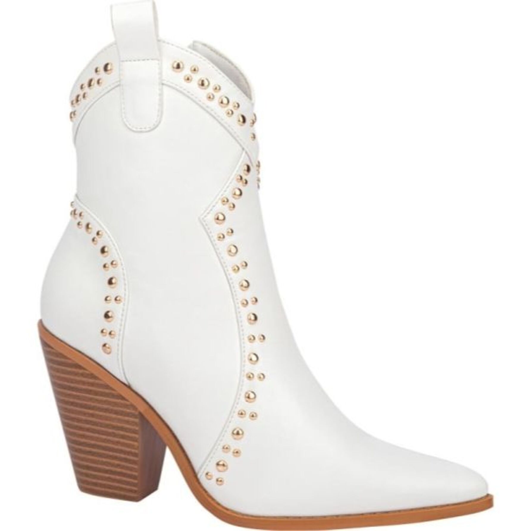 Botas para mujer, de tipo texano, con tacón alto y estoperoles dorados, cortas, con acabado napa, marca Thalia Sodi, color blanco, mod. 1173110