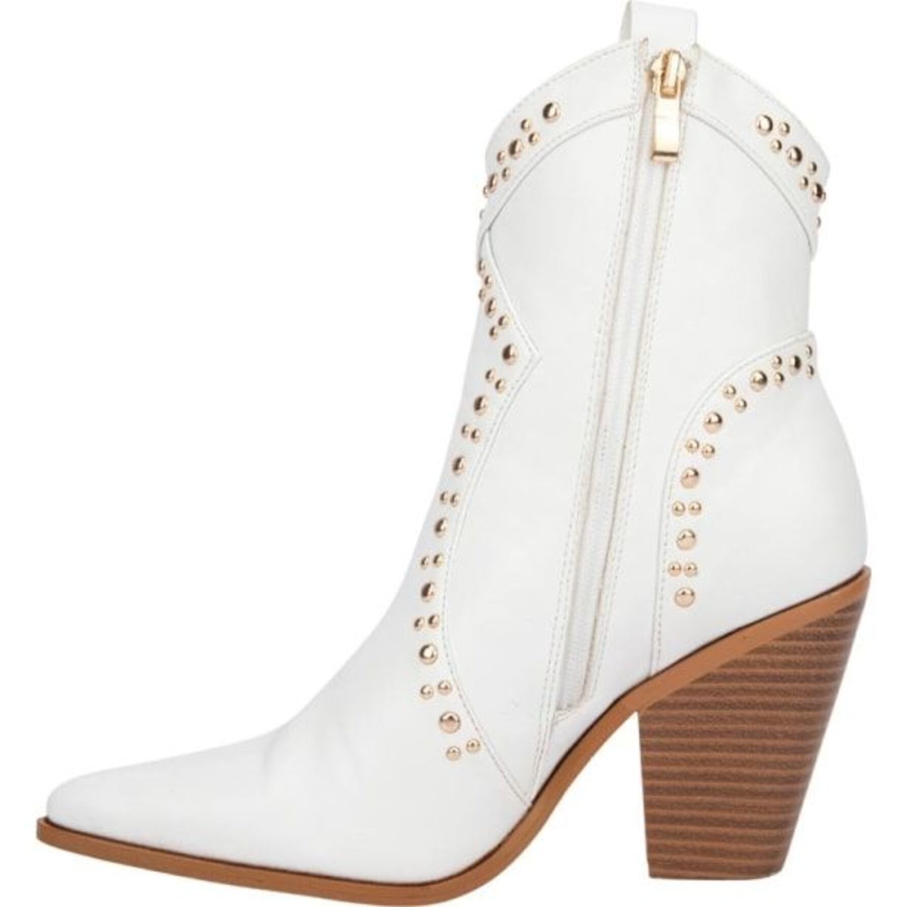 Botas para mujer, de tipo texano, con tacón alto y estoperoles dorados, cortas, con acabado napa, marca Thalia Sodi, color blanco, mod. 1173110