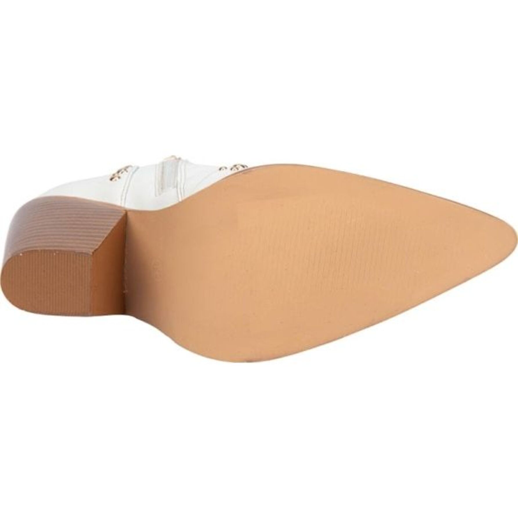 Botas para mujer, de tipo texano, con tacón alto y estoperoles dorados, cortas, con acabado napa, marca Thalia Sodi, color blanco, mod. 1173110