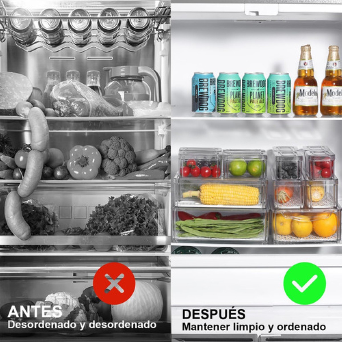 Organizador Refrigerador Cocina Set 7 Contenedores Con Tapa TRANSPARENTE