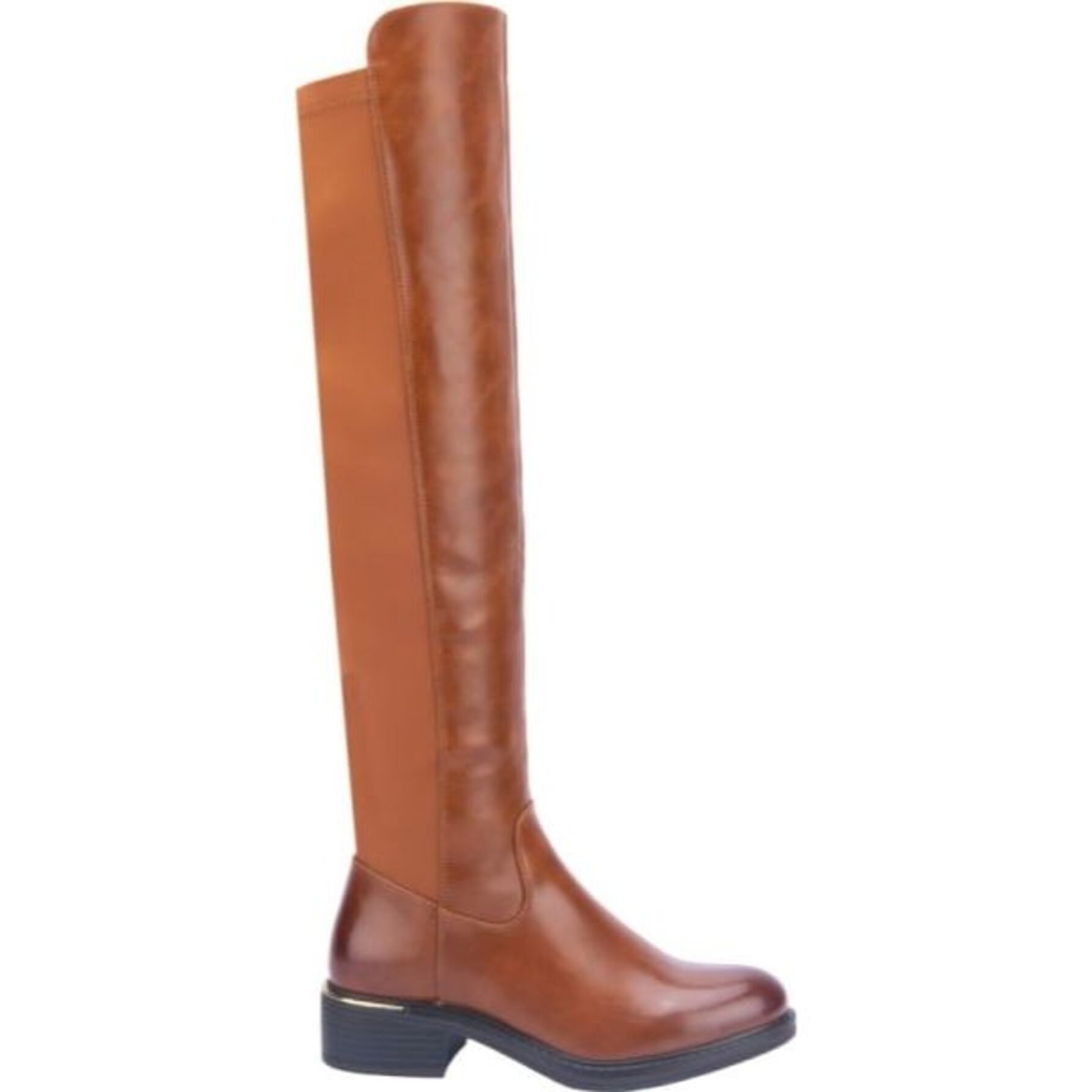 Botas para mujer, extra largas, stretch, tacón bajo y acabado atanado, marca Tierra Bendita, color cognac, mod. 1141232