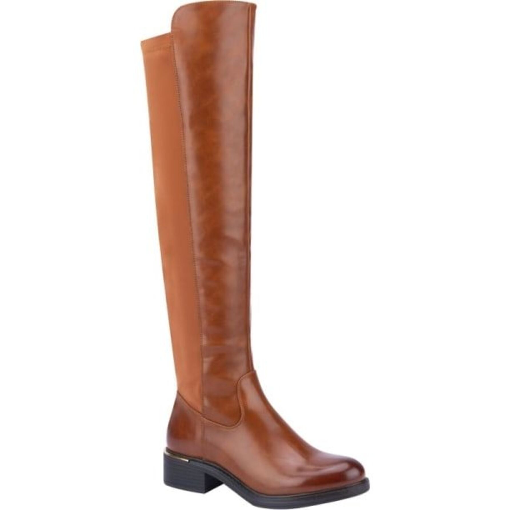 Botas para mujer, extra largas, stretch, tacón bajo y acabado atanado, marca Tierra Bendita, color cognac, mod. 1141232