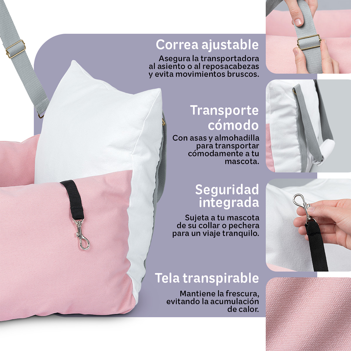Asiento de Coche para Perro, Pequeño/ Mediano, Transportadora para Automóvil, Asiento de Seguridad Cama de Viaje para Mascotas 1plaza – Blanco / Rosa ESQUIMAL